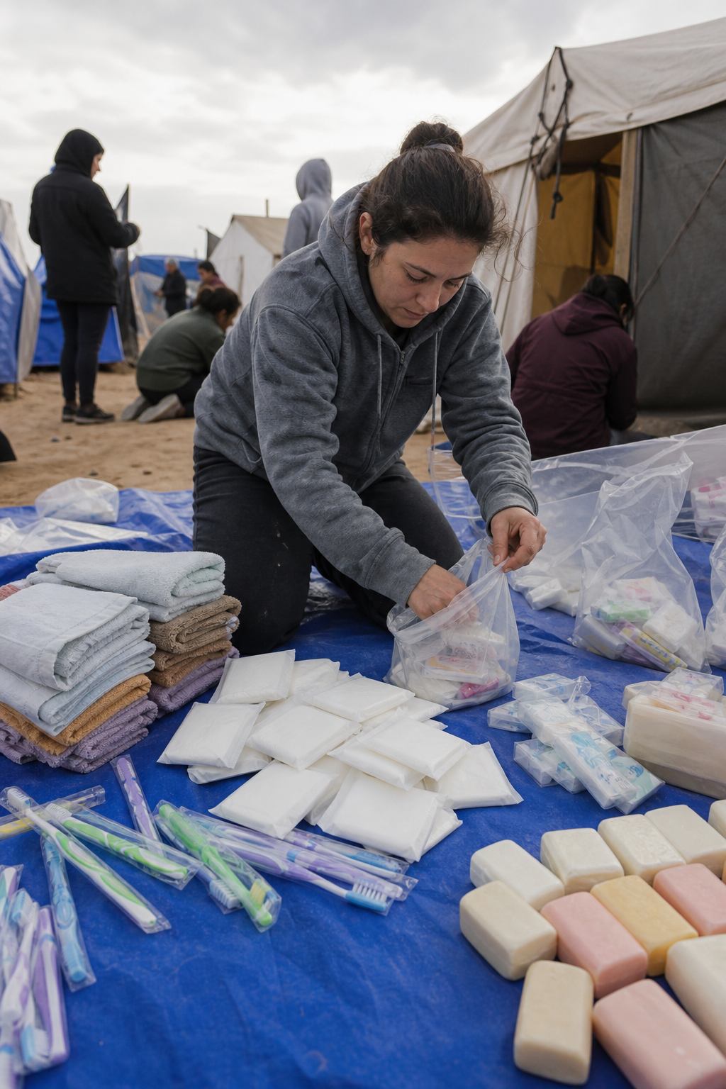 Hygiene kits sorted on a tarp before distribution