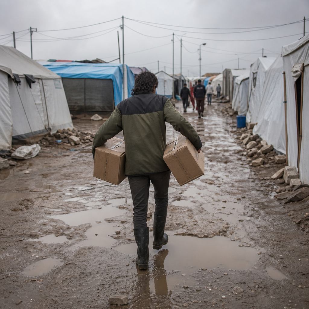 Aid worker carrying supply boxes along a muddy camp path