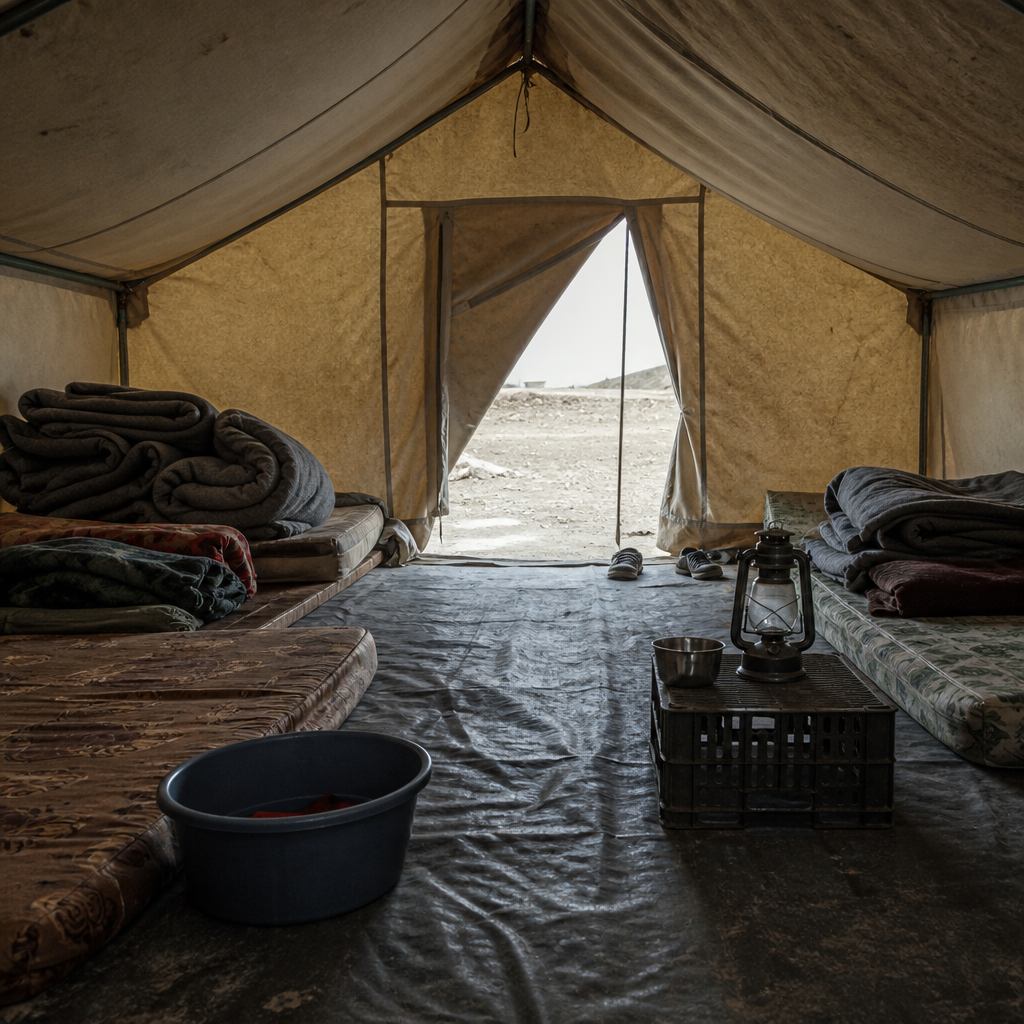 Bedding and household items inside a family shelter tent