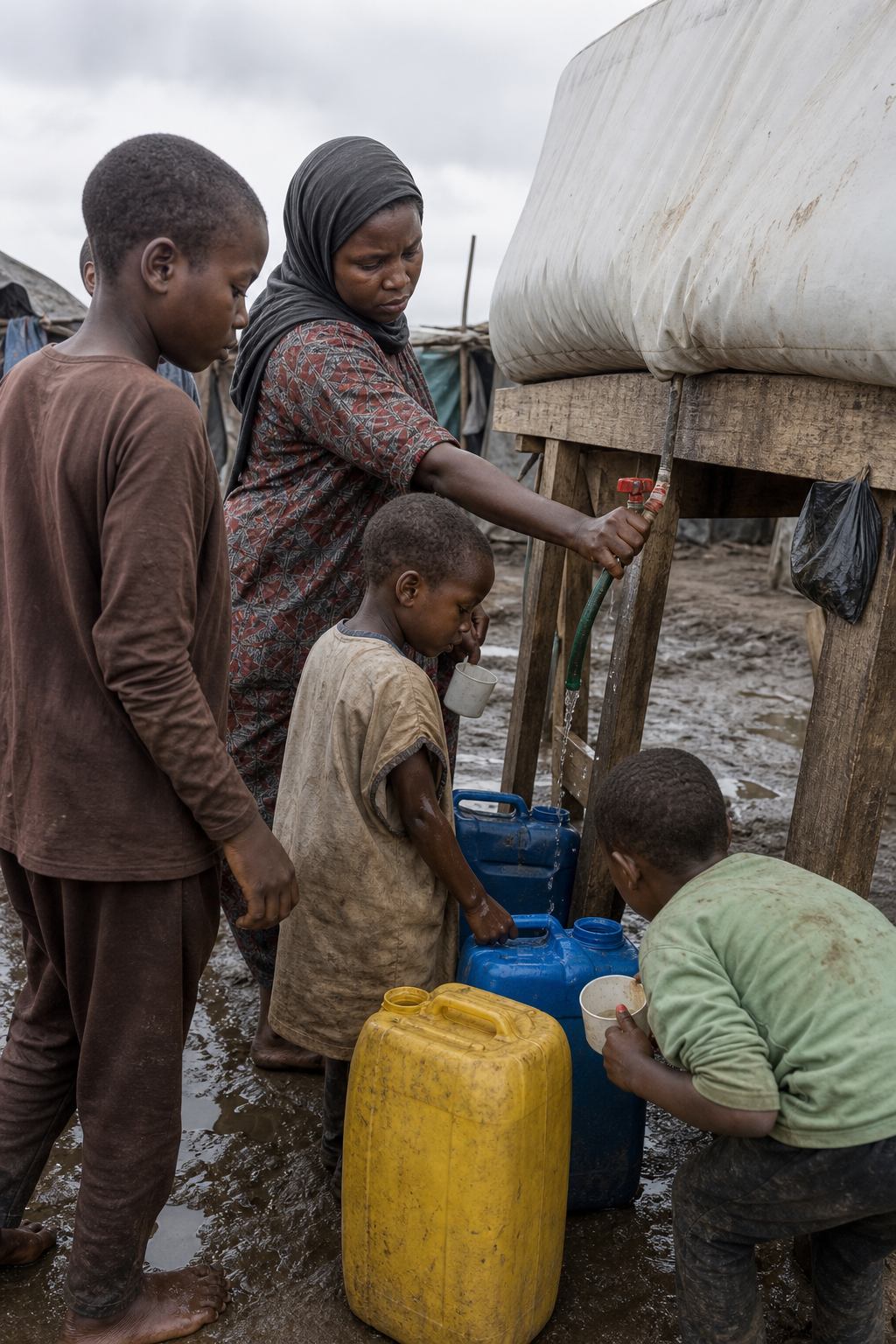 Jerry cans filled from a water bladder at a displacement camp
