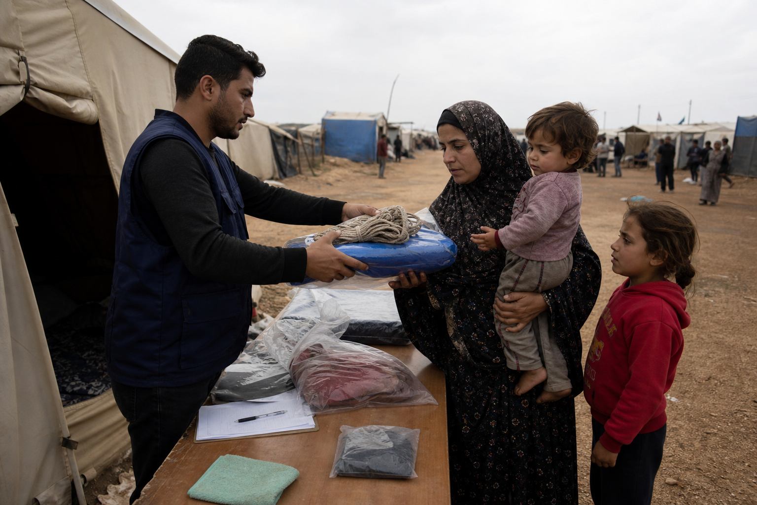 Family receiving a tarp and bedding at a camp field desk